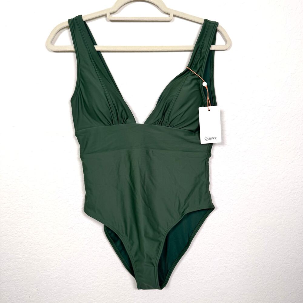 Quince Womens Italian Plunge One Piece Swimsuit Size M Swim Beach Palm Green